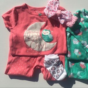 Carter’s owl 12 months Pajama sets Hair bows socks
